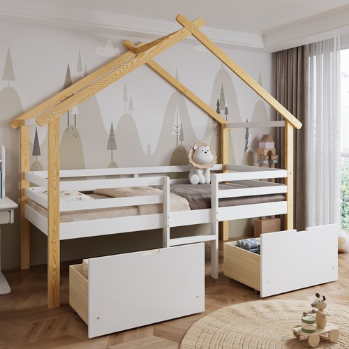 White wooden kids house bed - house,